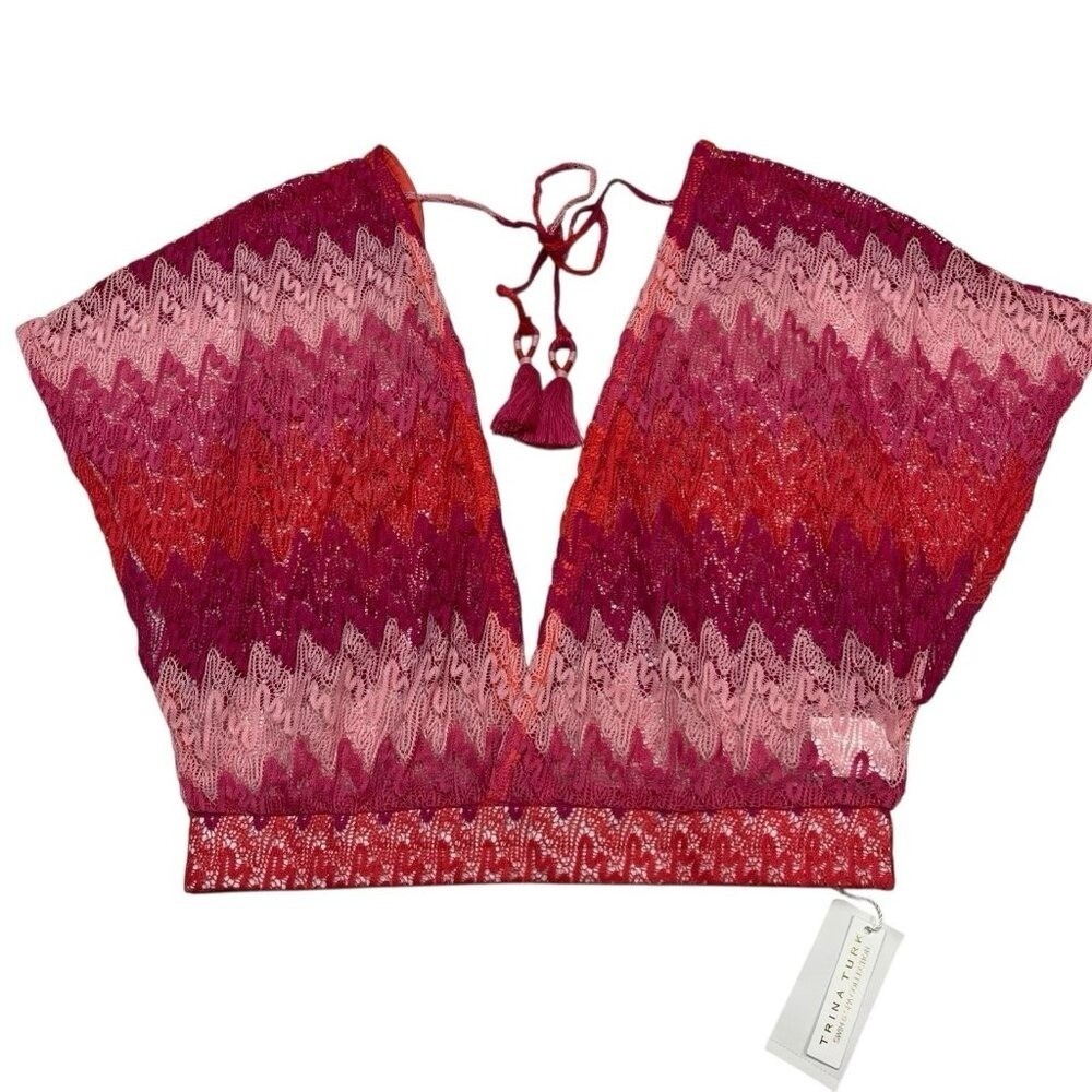 Trina Turk Sheer Crochet Knit Crop Top Coverup Size M Tassel Resort Vacation